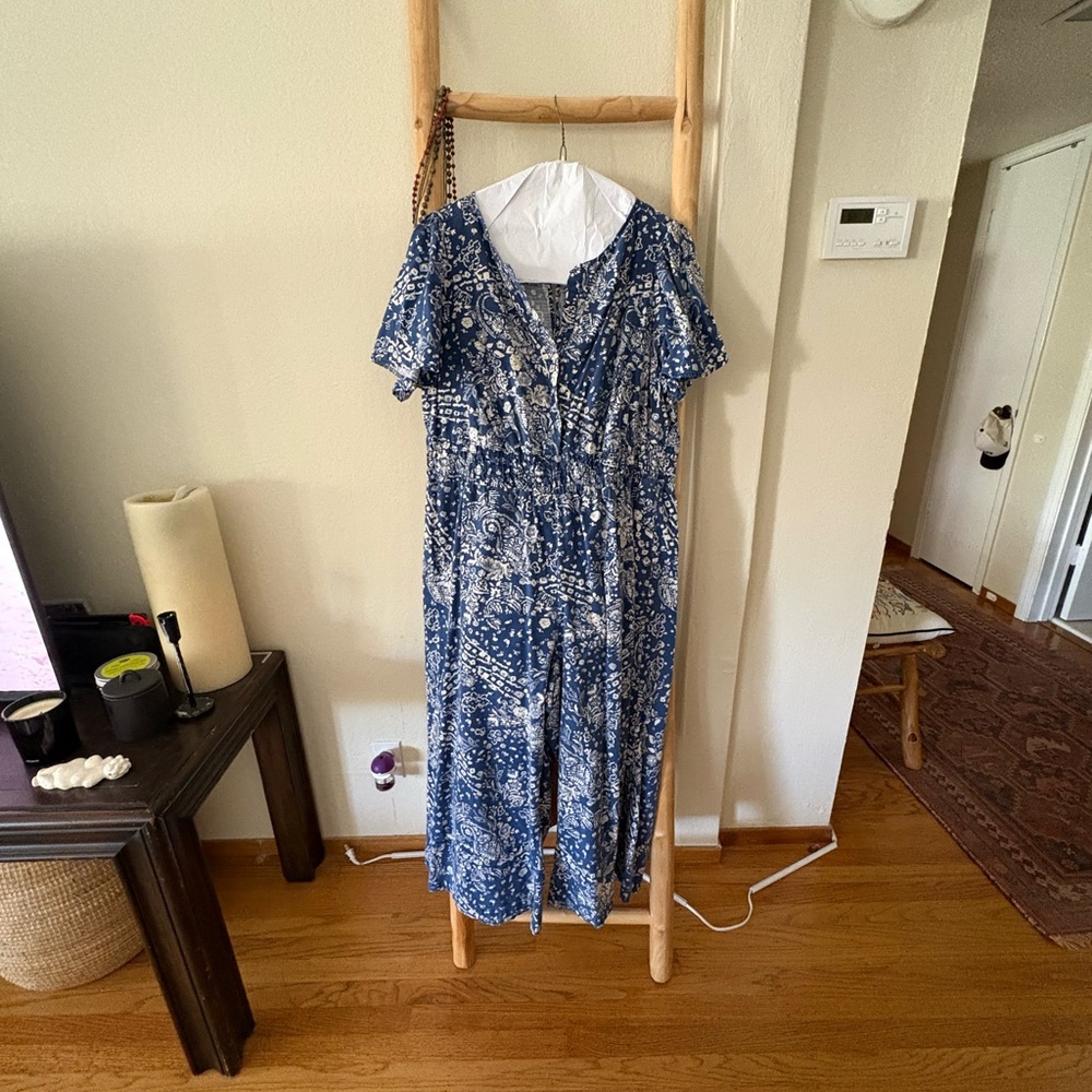 Anthropologie Blue Patterned Jumpsuit
